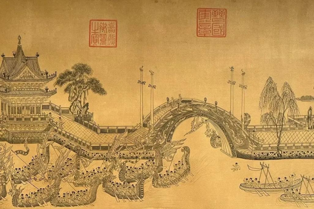 元 王振鹏 《龙池竞渡图》（局部）。